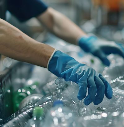 The hands of the employee in gloves are close-up. On the conveyor for recycling and sorting garbage from plastic bottles, glasses of different sizes, garbage sorting and recycling concept