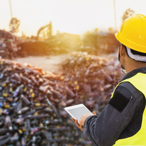 Foreman controls the recycle waste separation of recyclable waste plants. Waste plastic bottles and other types of plastic waste.